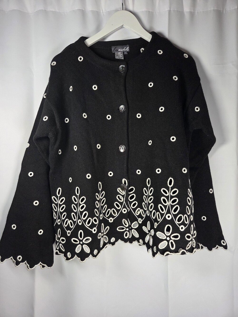 Vintage Lisa Nichols Black Cardigan Sweater Embroidered Detail Women's L